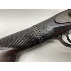 19th century take down 'cripple stopper' single barrel percussion gun, removable walnut stock with bayonet style fitting, chequered grip and fore-end, approximately 8-bore, the 59.5cm (23