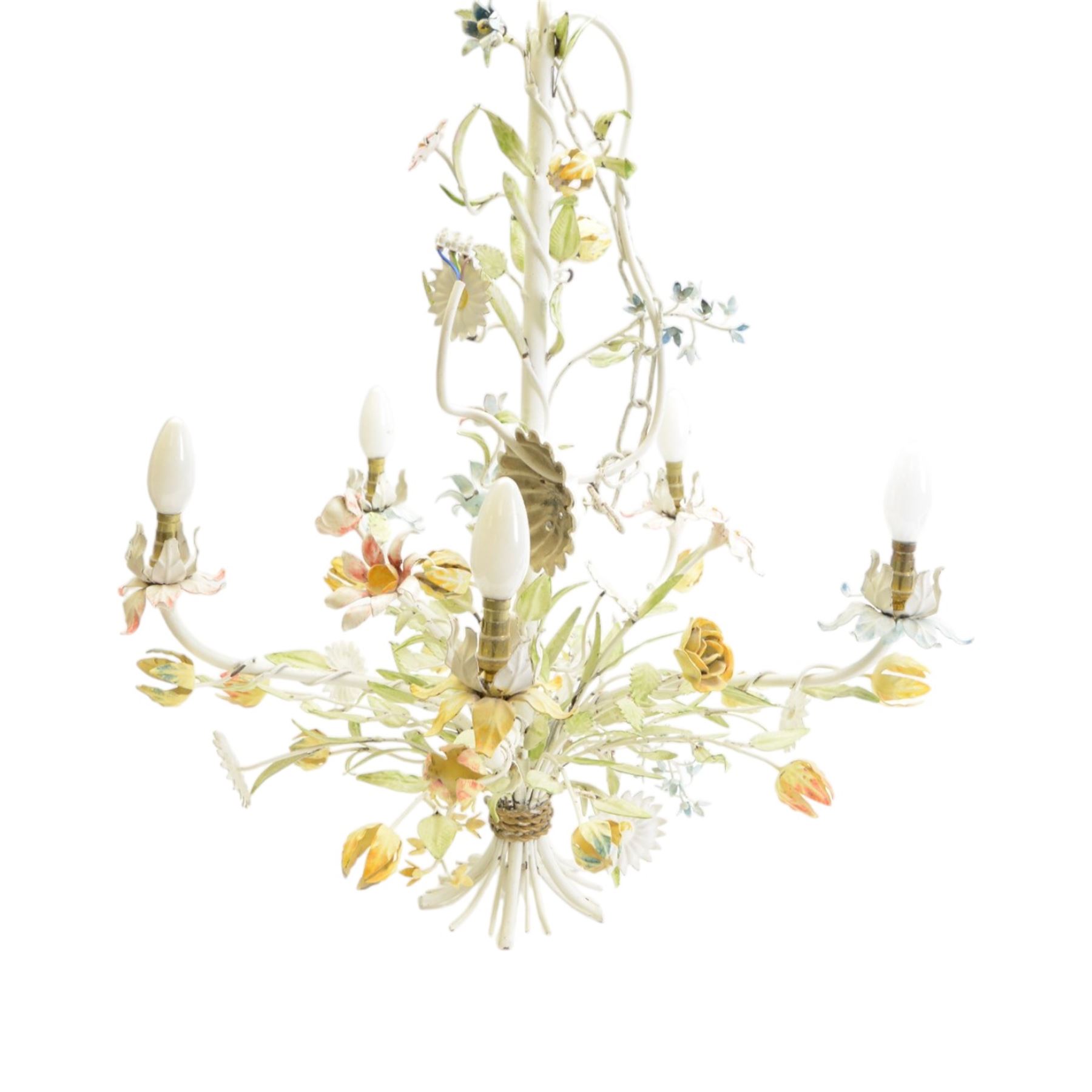 Mid-20th century French toleware chandelier, designed as a multicoloured floral bouquet, five branches each terminating in light fittings