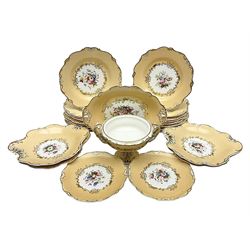 Victorian part dessert service, including eighteen plates, four small serving dishes, shallow dish, etc hand painted with floral sprigs within a cream border with floral panels, and heightened in gilt (26cm)