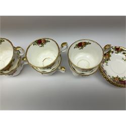Royal Albert Old Country Roses pattern tea wares, including six cups and saucers, teapot, milk jug, open sucrier and small dish. 
