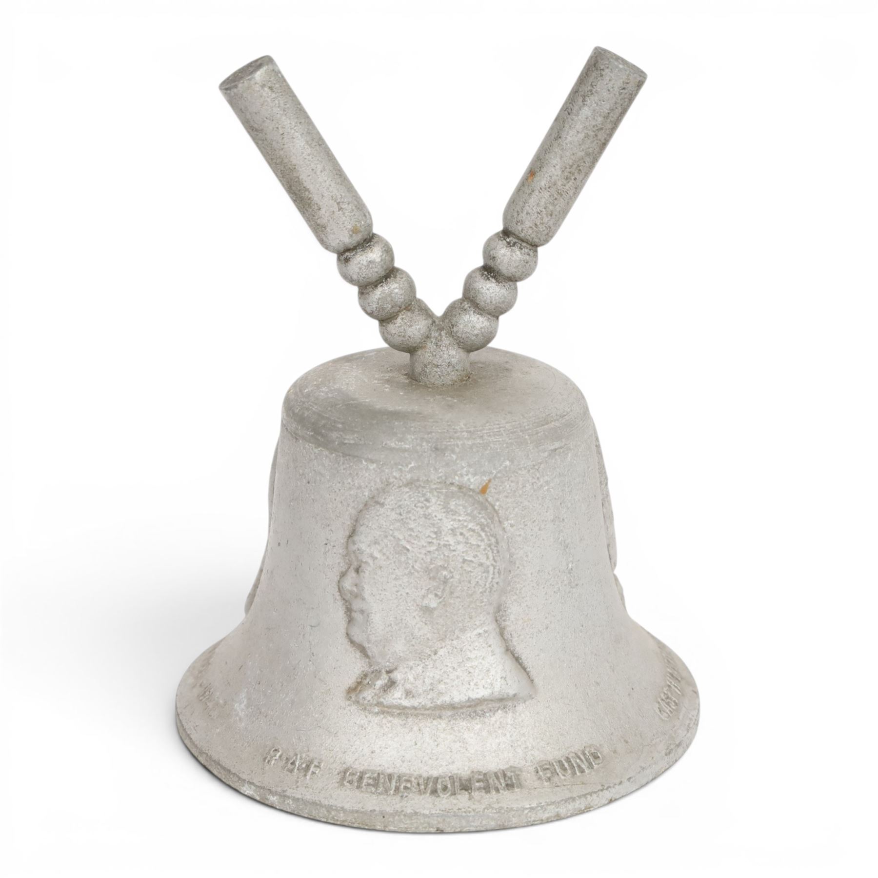 R.A.F. benevolent fund victory bell, cast in metal from German aircraft shot down over Britain 1939-1945, decorated in relief with allied leader, H19cm 