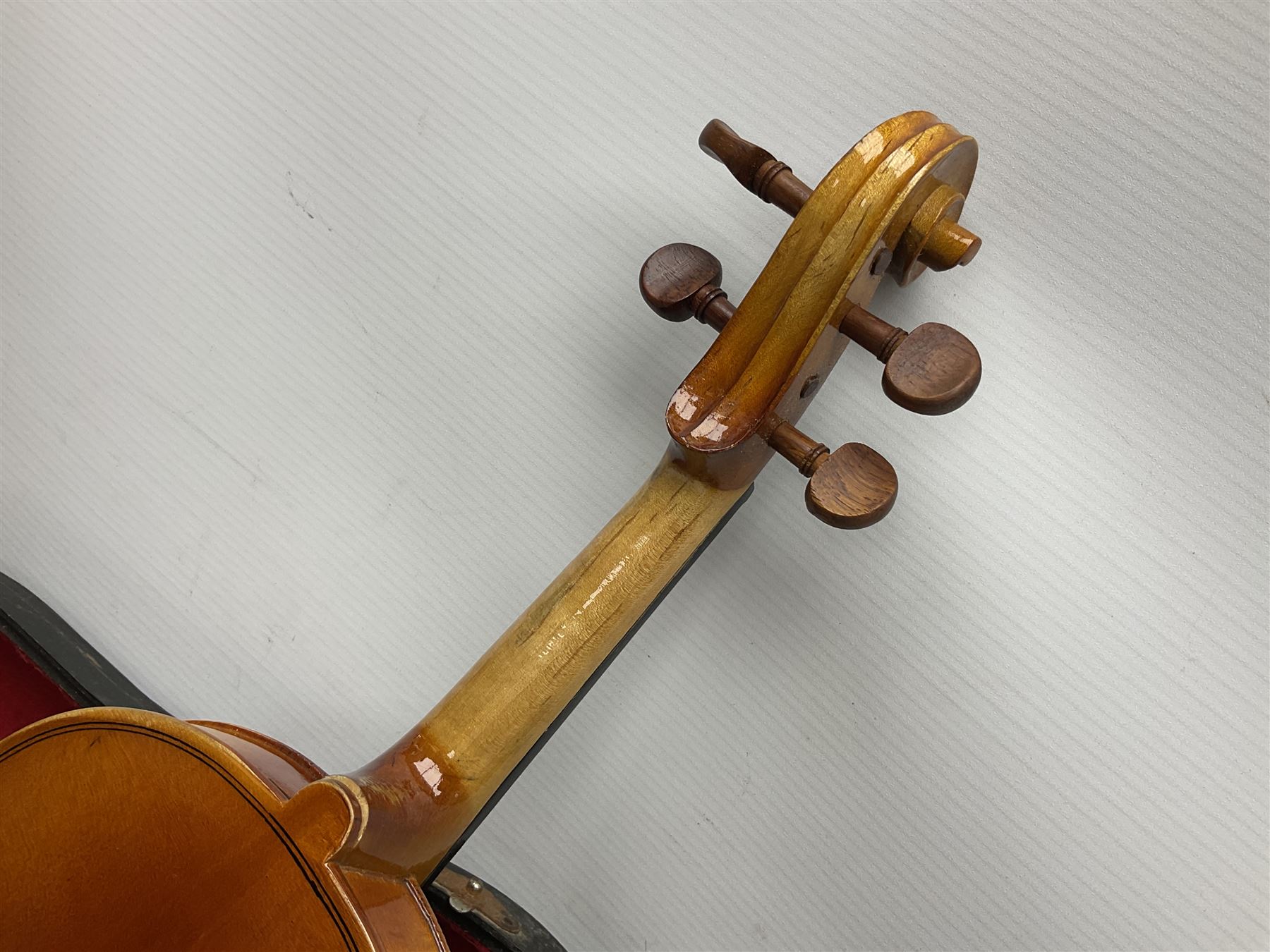 French violin for restoration with 36cm two-piece maple back and ribs and spruce top, bears label 'Lutherie Artistique M. Couturieux'; in wooden case; two modern three-quarter size violins in cases; and five violins for spares or repair
