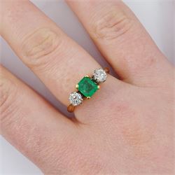 18ct gold three stone emerald and round brilliant cut diamond ring, emerald approx 0.55 carat, total diamond weight approx 0.45 carat
