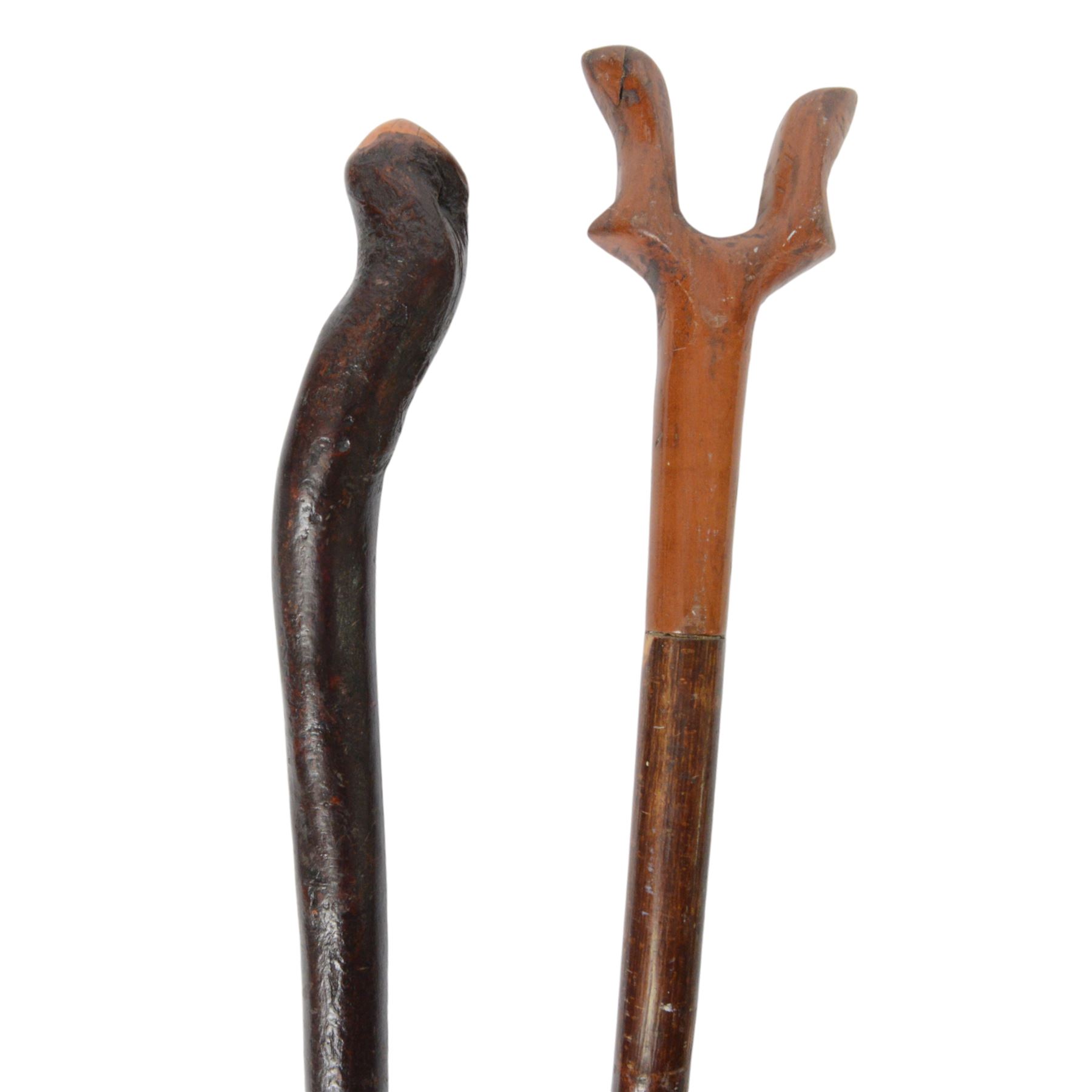 Leather leg of mutton shotgun case, with brass lock plate, L81cm, together with a walnut topped thumbstick L140.5cm, and a blackthorn walking stick L112cm