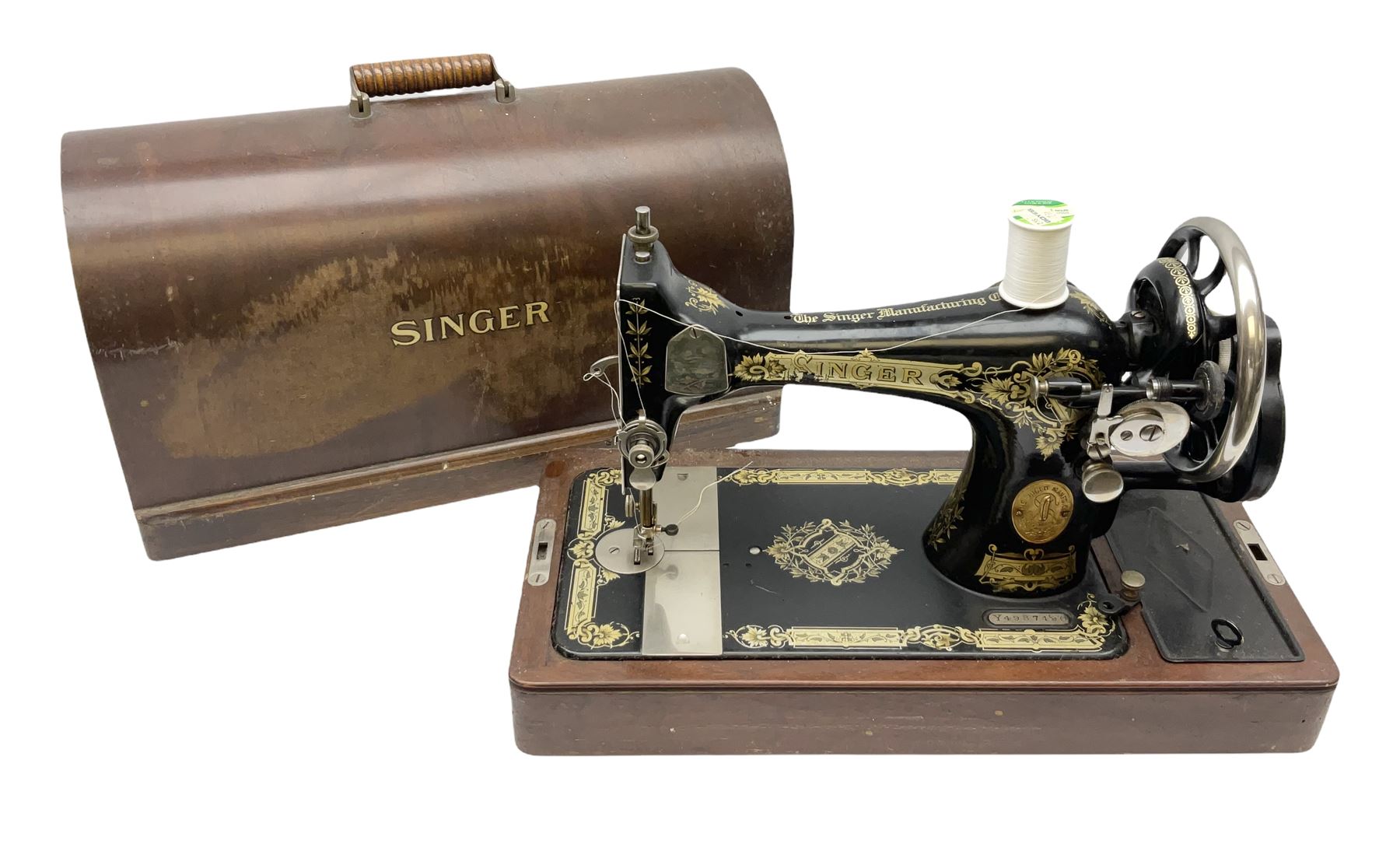 Cased early 20th century Singer hand sewing machine, lacking key