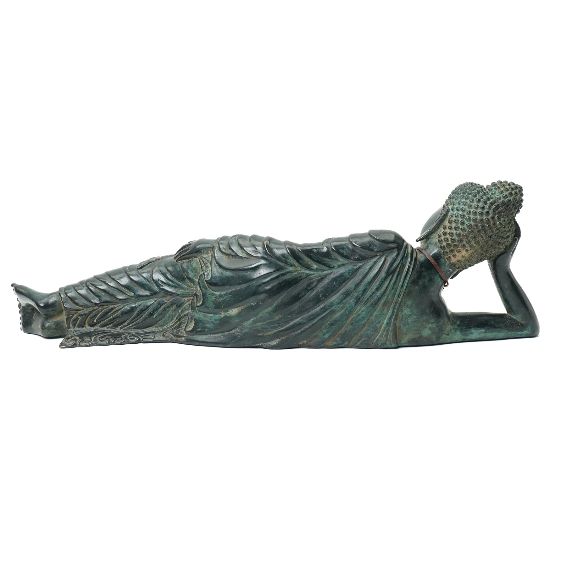 Late 20th century bronzed figure of a reclining buddha L64cm
