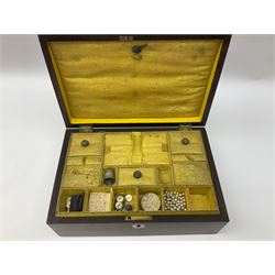 Wooden Victorian sewing box, inlaid with mother of pearl, and a yellow fitted interior and compartmental tray, together with another rectangular wooden box, largest example H13cm 