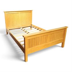 Oak double bed, tongue and groove head and footboard, square supports