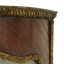 Louis XV revival kingwood Vernis-Martin serpentine fronted vitrine cabinet, arched top with gilt brass foliate mounts, glazed door with two shelves above three painted panels, depicting pastoral scenes, supported on out-swept cabriole legs with gilt brass mounts and sabots.
