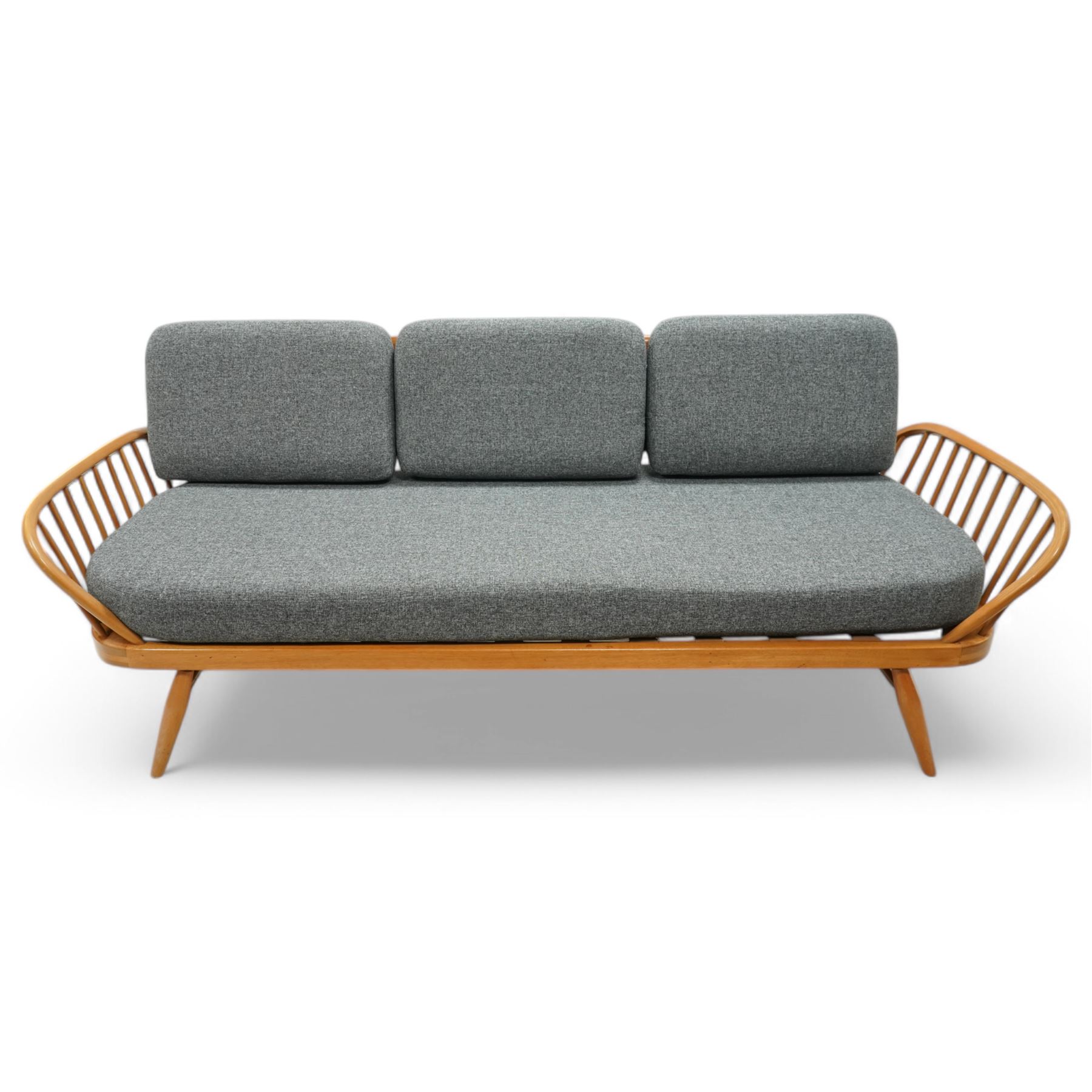 Lucian Ercolani for Ercol - 'Studio Couch' model no. 355, elm and beech framed with grey upholstered loose cushions