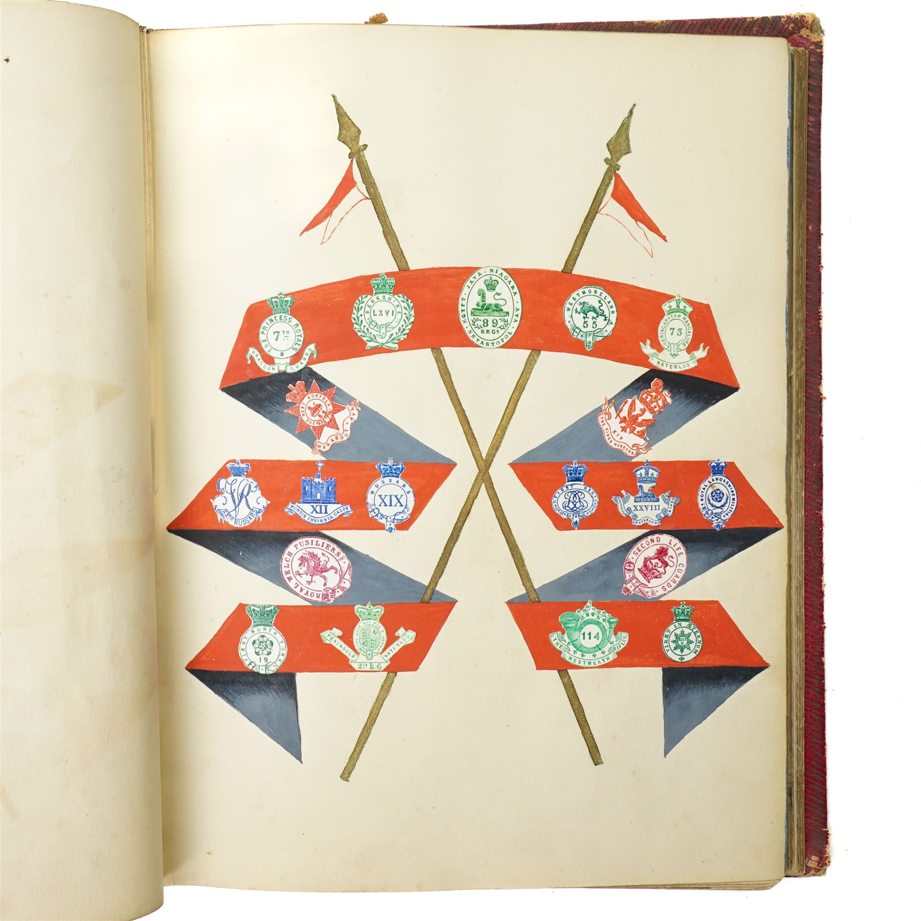 Victorian scrap book intricately worked with scraps heightened in watercolour with crests, military subjects and others on sixty five pages