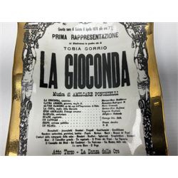 Fornasetti rectangular 'La Gioconda' operatic poster ashtray decorated with black and white text with a gilt border edge,  with printed mark beneath, H22cm 