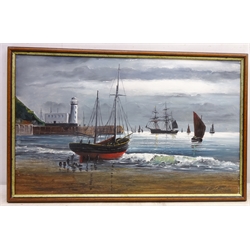  Unloading the Catch, 20th century oil on board signed by Robert Sheader 30cm x 49cm  