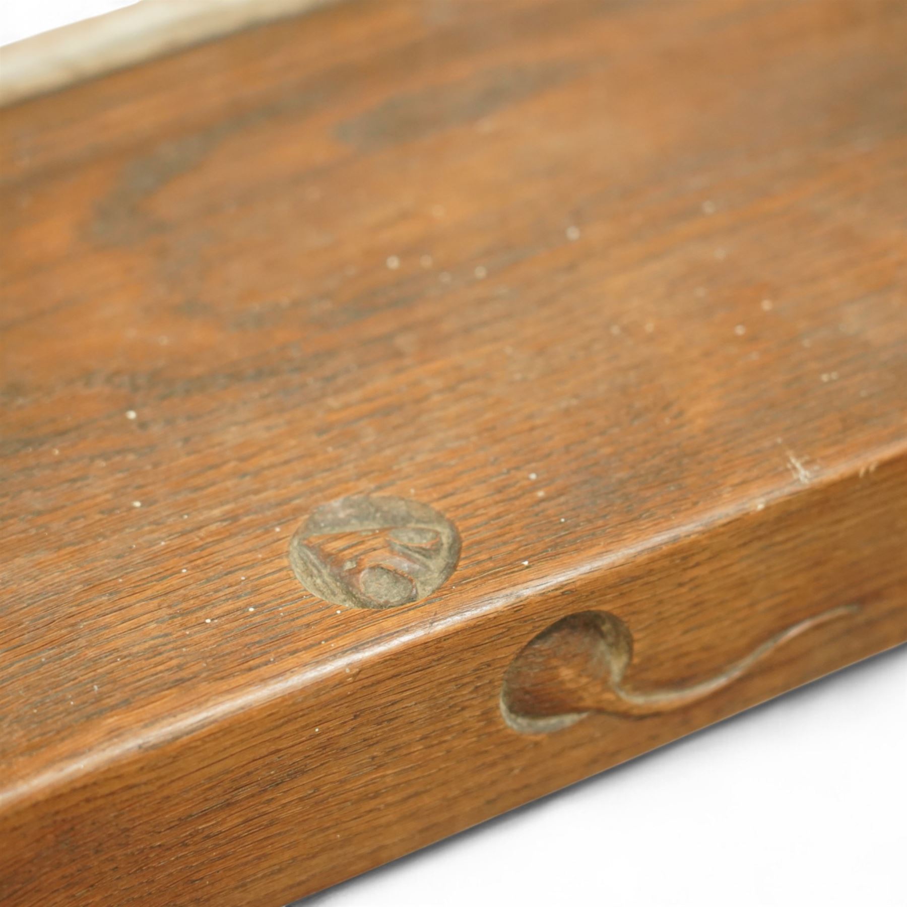 Mouseman - oak mantle or shelf, solid single plank with lightly adzed top with head and tail signature, by the workshop of Robert Thompson, Kilburn
