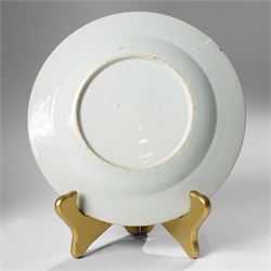 Pair of Chinese Kangxi period blue and white plates, painted in underglaze blue, decorated centrally with an unrolled handscroll revealing a shanshui landscape among foliage, D23cm (2)