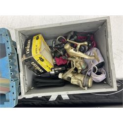 Fishing equipment, comprising reels to include Daiwa No.7300, boxed, Quick GLX 840, Quantum Heat BCS 350, okuma etc, together with various tackle, various poles, split canes and rods to include Middy Xtreme, Shakespeare Quo Carp, etc, many in bags