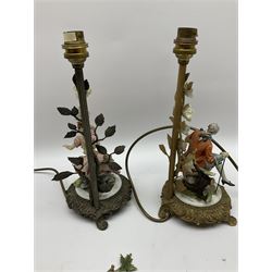 Two Capodimonte table lamps with seated lady and gentleman upon brass bases with floral decoration, H32cm