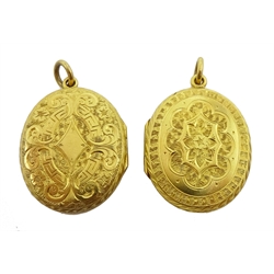  Two 14ct gold locket pendants, with matching engraved decoration  