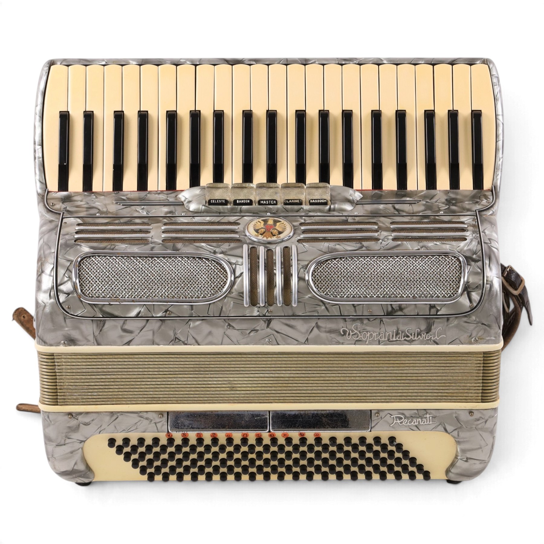 Recanati V Soprani Di Silvio Piano Accordion, 120 bass, with five tone selector keys, silvered pearloid case, with carry case