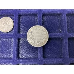 Commemorative, fantasy and other coinage, including George II 1754 farthing, George III 1773 farthing, cartwheel penny and cartwheel two pence, Queen Victoria Canada 1886 twenty five cents, various commemorative crowns etc, housed in three blue coin trays