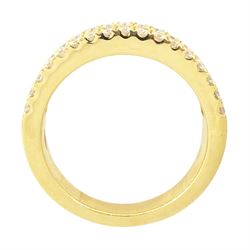 18ct gold diamond three row half eternity ring, single row of baguette cut diamonds, with round brilliant cut diamonds set either side, stamped 750, total diamond weight approx 3.00 carat