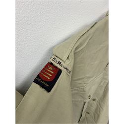 Mid 20th century Boy Scouts uniform, comprising corduroy shorts, further pair of shorts, two shirts, socks, and felt hat, together a framed collection of Ogden's 'Boy Scots' cigarette cards, and an unframed print of Lord Baden Powell. 