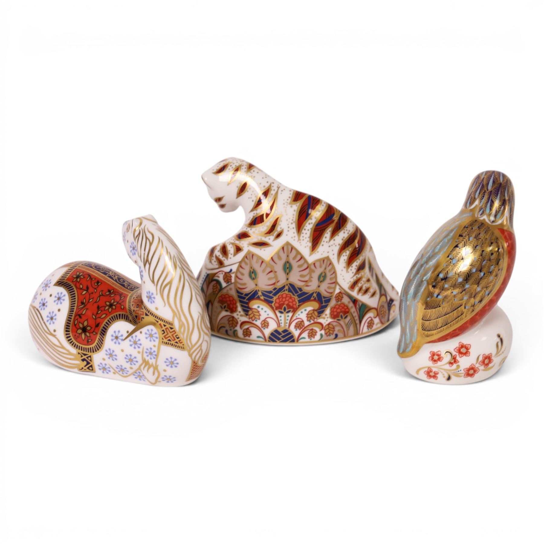 Three Royal Crown Derby paperweights, comprising Bengal Tiger Cub gold stopper, Kingfisher gold stopper and Horse silver stopper