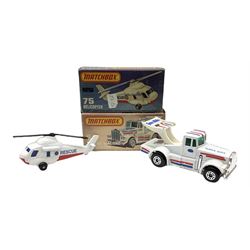 Matchbox/Superfast - nine '1-75' series models comprising 64d Fire Chief car, 65e Airport Coach, 66f Tyrone Malone Superboss, 68e Chevrolet Van, 69e Security Truck, 71e Cattle Truck, 72d Bomag Road Roller, 75c Alfa Carabo and 75e Helicopter; all boxed; and eight unboxed and playworn models (17)