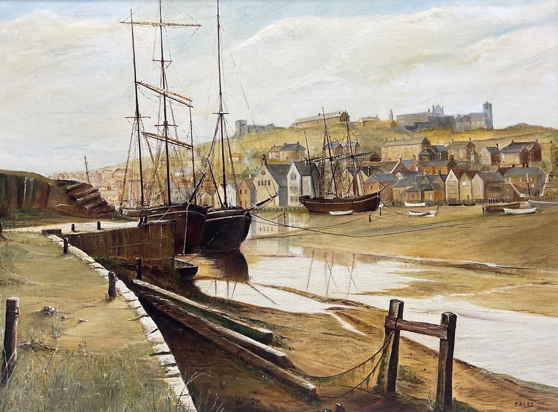 TA Lee (British 20th century): Up River Esk Whitby, oil on board signed 45cm x 60cm