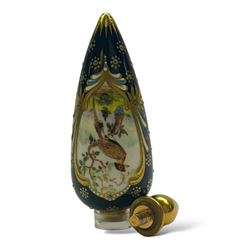 19th century english scent bottle of teardrop form, hand painted with a central panel depicting an exotic bird, with a cobalt blue ground, H12cm 