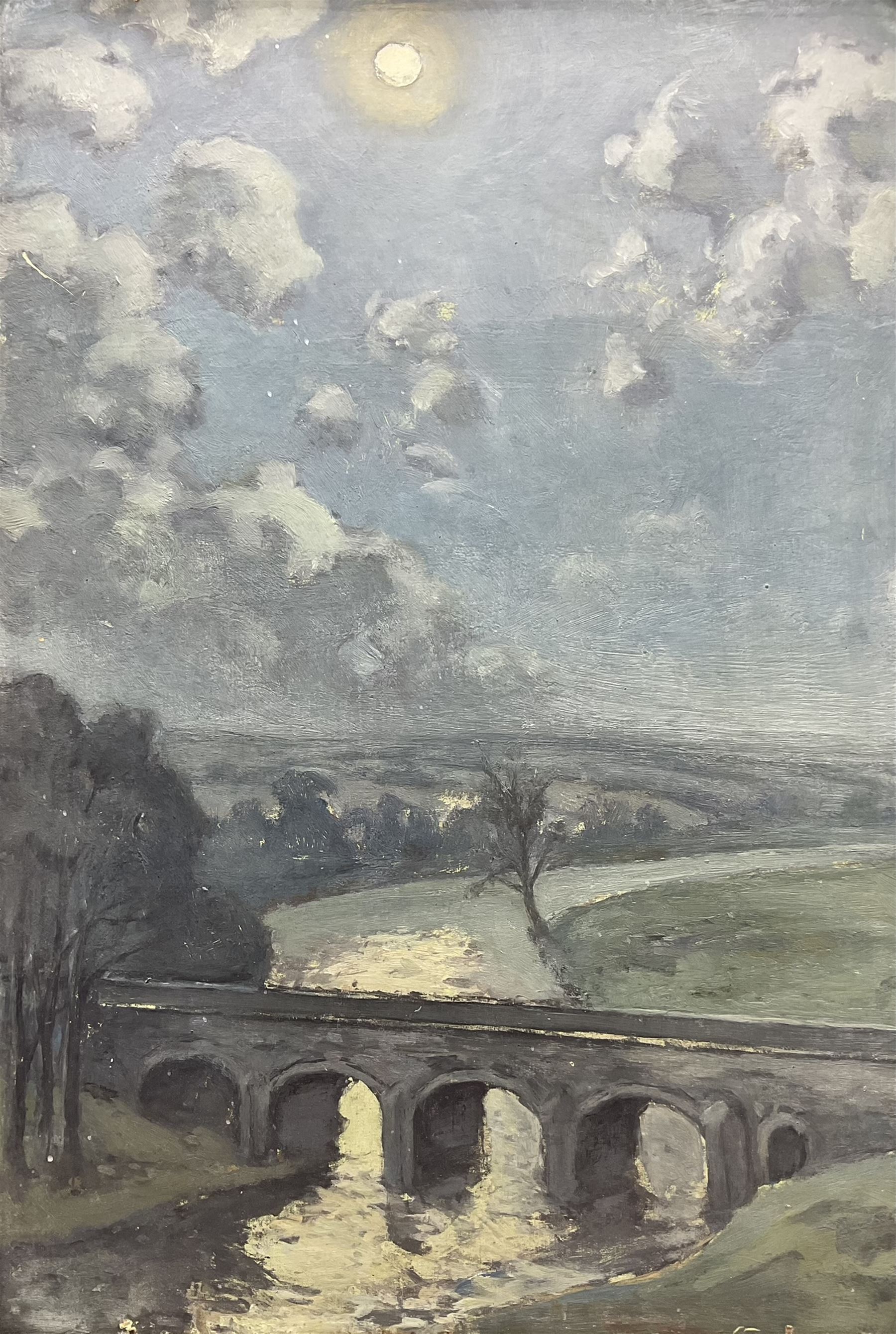 Hurst Balmford (British 1871-1950): 'Grassington Bridge by Moonlight', oil on canvas board unsigned, original title label verso 51cm x 35cm