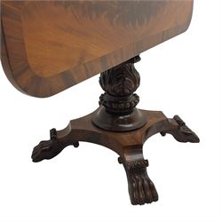 Unusual William IV mahogany Sutherland table, figured and book-matched rectangular drop-leaf top on cylindrical barrel movement, turned roundels to each end, on turned pedestal with acanthus carved baluster, shaped platform with four extended paw feet