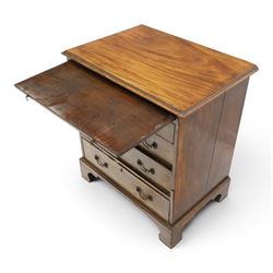 George III mahogany bachelors chest, rectangular top with moulded edge, fitted with brushing slide over two short and three long cock-beaded drawers with brass swan-neck handles, lower moulded edge on bracket feet