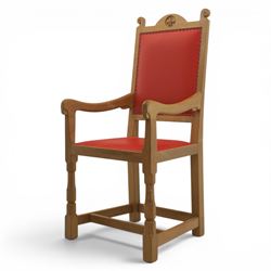 Mouseman - oak armchair high back with fleur de lis motif, red leather padded seat with brass studded trim, with carved mouse signature, by the workshop of Robert Thompson of Kilburn