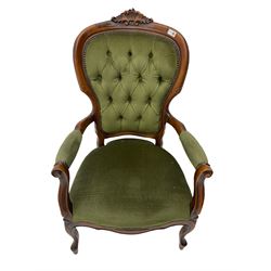 Victorian style stained beech armchair, buttoned upholstery