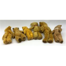 Six 1950s small teddy bears including Chad Valley Sooty type with glass type eyes, horizontal stitched nose and mouth and jointed limbs H9