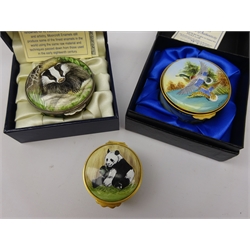 Moorcroft limited edition enamel box painted with Badgers by Fiona Bakewell, 26/50, with certificate and presentation box and two similar Kingsley enamel boxes ltd. ed. 'Mallard' by Steve Smith 94/250 with certificate and presentation box and another decorated with Pandas (3)  