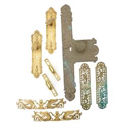 Large Victorian embossed brass door plate by Turner & Fowle with circular handle L63cm , p...