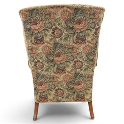 Parker Knoll - pair of mid-20th century wing back armchairs, upholstered in tapestry fabric, raised on cabriole legs