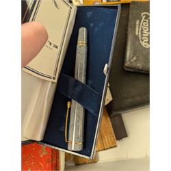 Platignum Elite fountain pen, boxed, other boxed pens, and a collection of drawing instruments and slide rules, including Rabone examples