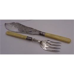 Pair of Edwardian silver fish servers, with ivorine handles and engraved floral decoration to blades, hallmarked William Hutton & Sons Ltd, London 1901, within tooled leather silk and velvet lined fitted case 