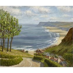 Jack Burton (Bridlington 1909-2004) 'Lythe Bank Sandsend' looking towards Whitby, oil on board signed, titled on artist's address label verso 58cm x 68cm 
Notes: Burton was a founder member of Bridlington Art Society in 1948, and was also a member of the Fylingdales Group of Artists.