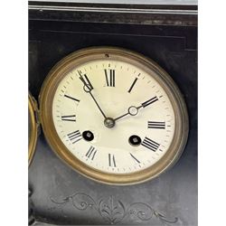 Victorian black slate and marble mantel clock, circular Roman dial enclosed by two marble pilasters, decorative engraving, twin train movement striking the hours and half on coil