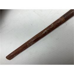 Australian Aboriginal shield, carved with Kangaroo and Emu, 74.5cm; Spear painted with aquatic creatures 78cm, and Spear thrower 81cm (3)