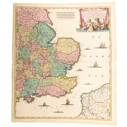 Frederik De Wit (Dutch 1629-1706): 'Occidentalior' & 'Orientalior' 'Regni Angliae' (Southeast & Southwest England), rare complete pair of 17th century engraved maps with hand-colouring pub. c.1685 with margins, 62cm x 53cm (2) (unframed)