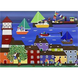 Gordon Barker (British 1960-): Cycling by the Harbour, acrylic on paper signed 25cm x 34cm 
