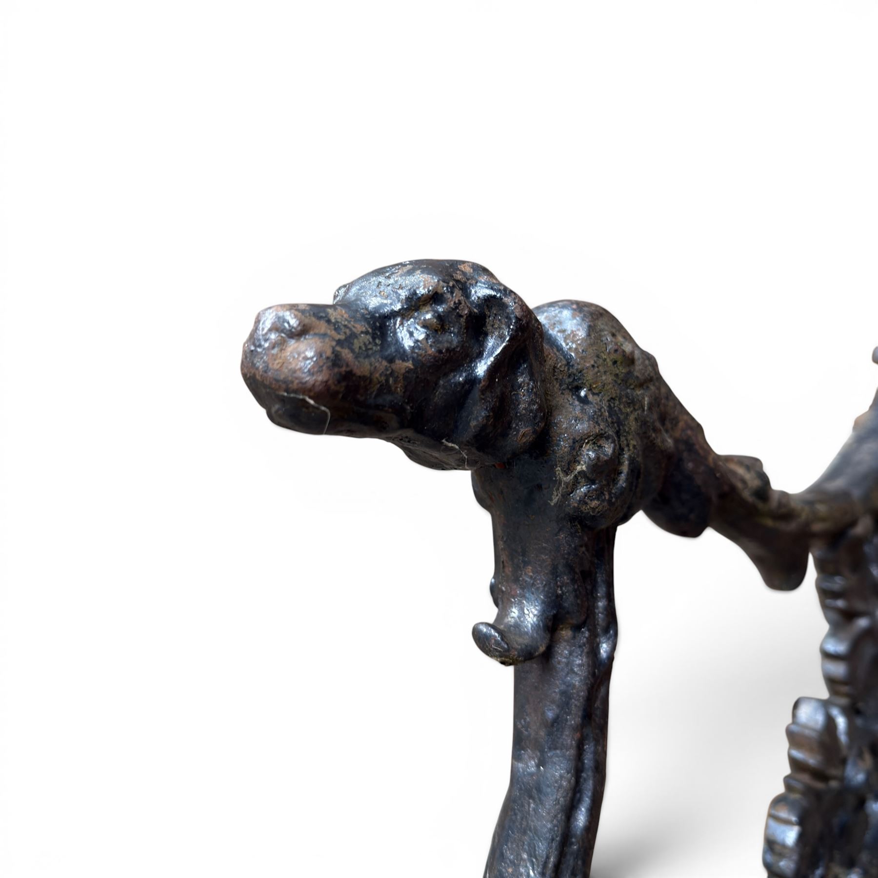 Victorian revival Coalbrookdale 'Dog and Serpent' pattern heavy cast iron garden bench, grape vine detail, joined with eight hardwood slats, finished in black paint