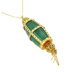 14ct gold jade pendant, with tassel drop, on a 9ct gold trace link chain necklace