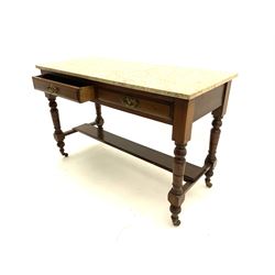 Edwardian walnut washstand with marble top, above two long drawers, raised on turned supports joined by stretchers and under tier. 