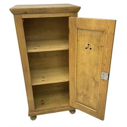 19th century French larder cupboard, single panelled door enclosing shelves, on turned feet